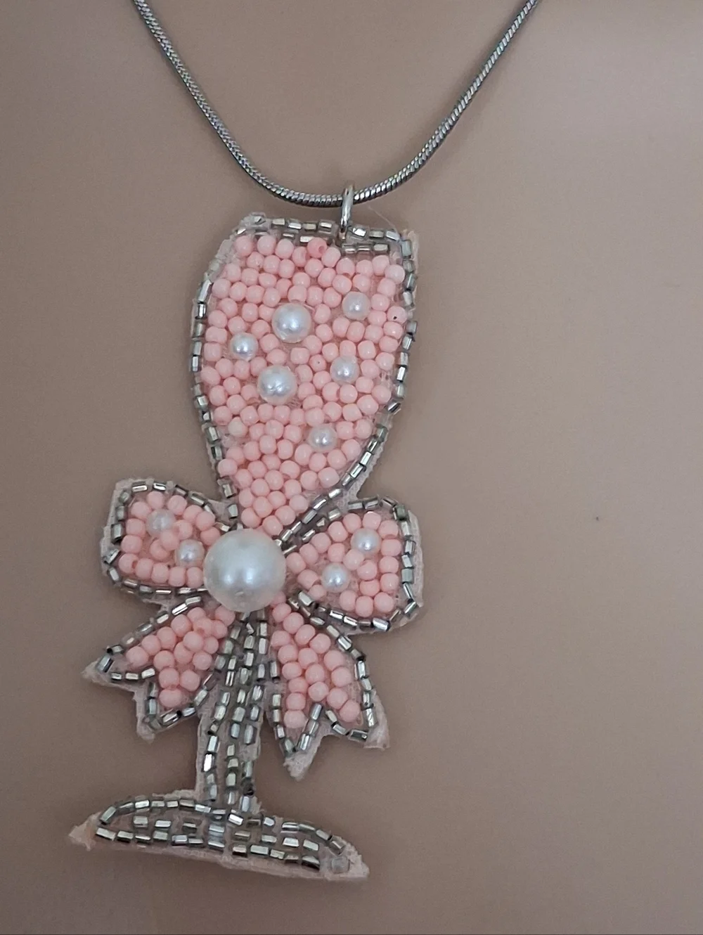 Pink Beaded Bow Champagne Glass Pendant Necklace - Women Jewelry